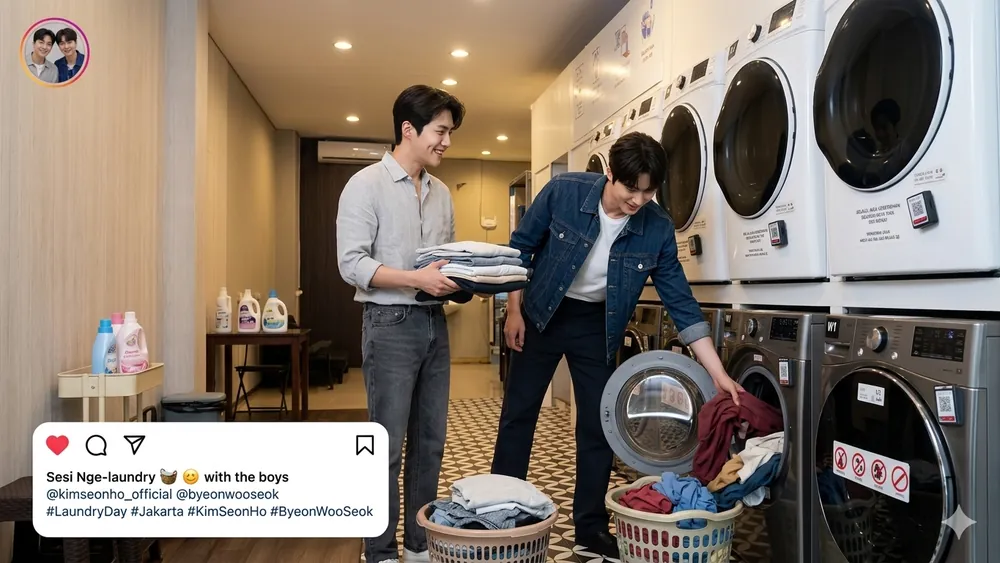 Suasana nge-laundry bareng teman di depan deretan mesin cuci Temcy Laundry, bergaya unggahan media sosial