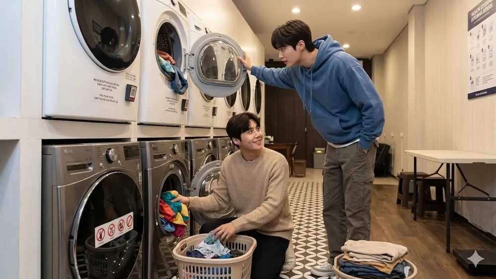 Dua anak kos memasukkan cucian ke mesin cuci sambil mengobrol santai di Temcy Laundry Tembalang